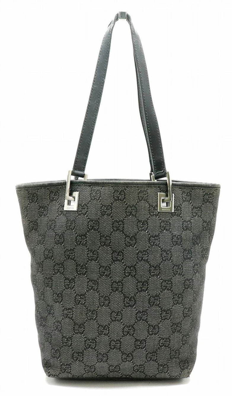Gucci GG Canvas Tote Bag Shoulder Handbag Leather Black